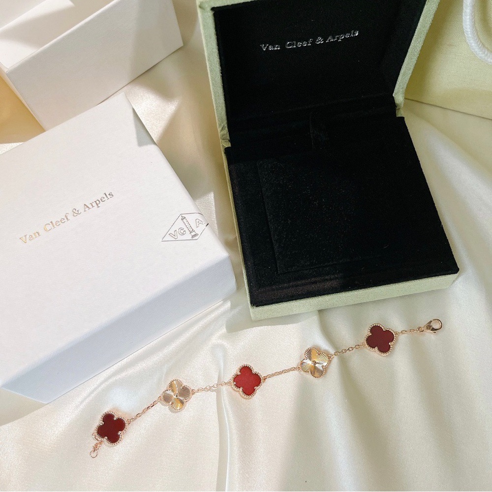 Van Cleef & Arpels Rose Gold Bracelet with Red and Cream Alhambra Motifs